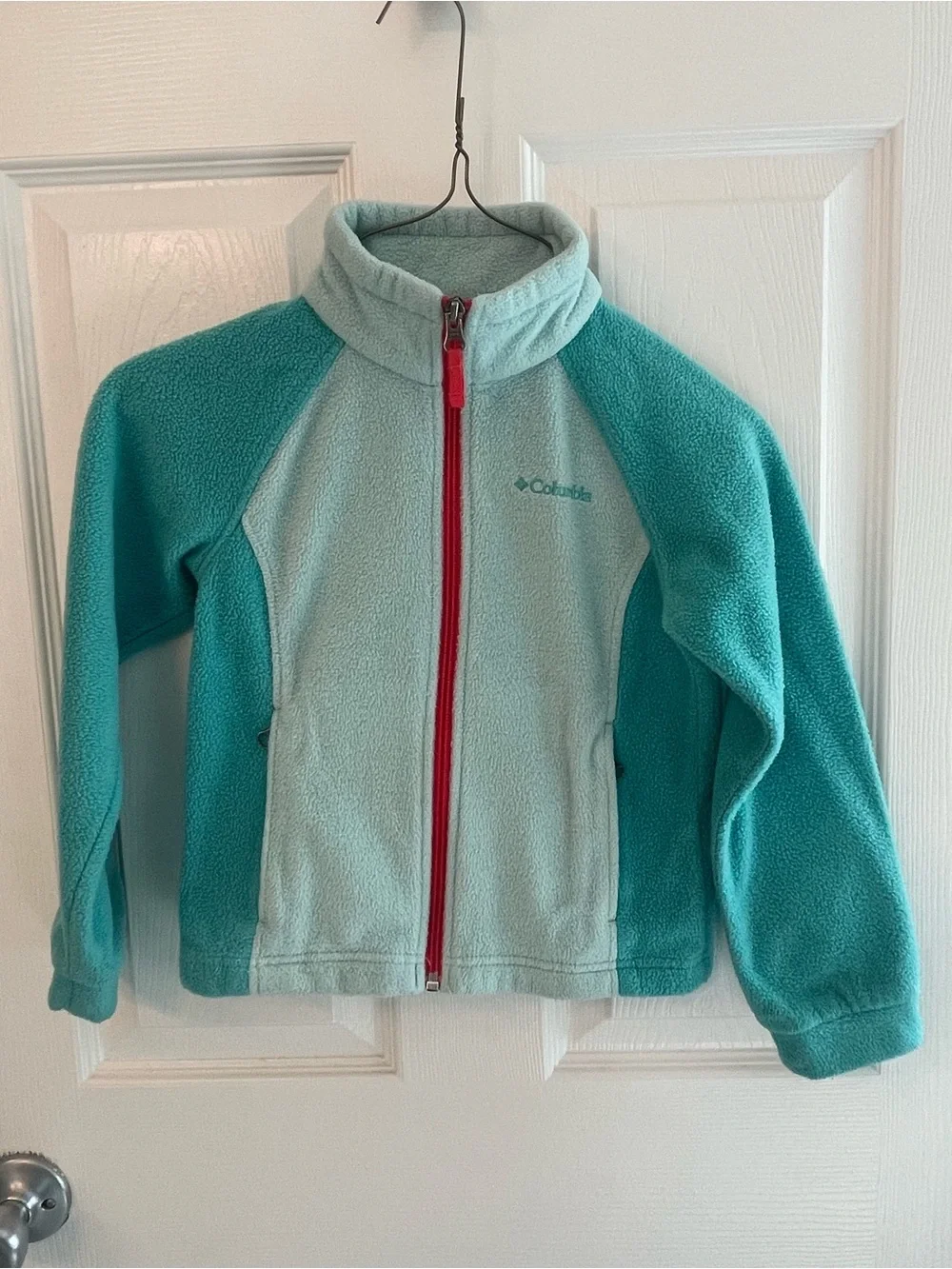 Columbia Kids' Teal and Light Teal Fleece Jacket with Red Zipper